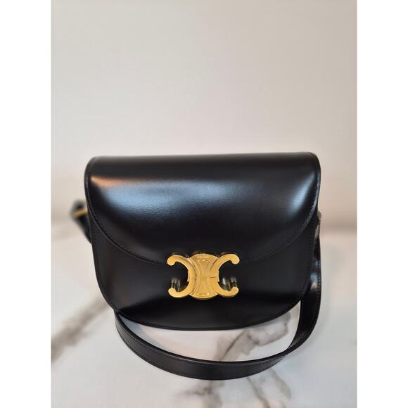 Celine Saddle Triomphe Crossbody Bag in Black Calfskin with Gold Hardware - Picture 1 of 3